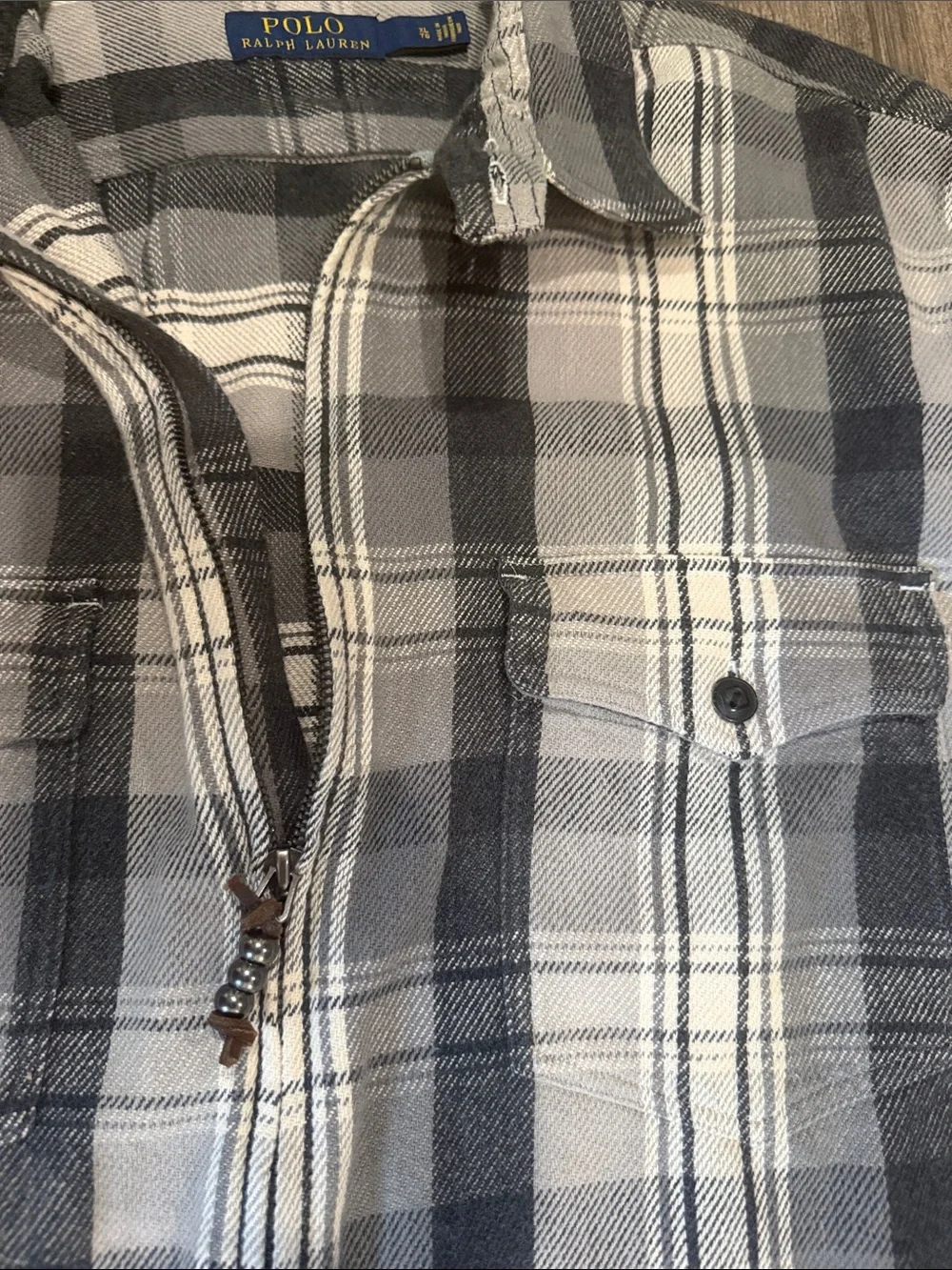 Polo by Ralph Lauren Gray and White Plaid Zip-Front Flannel Shirt